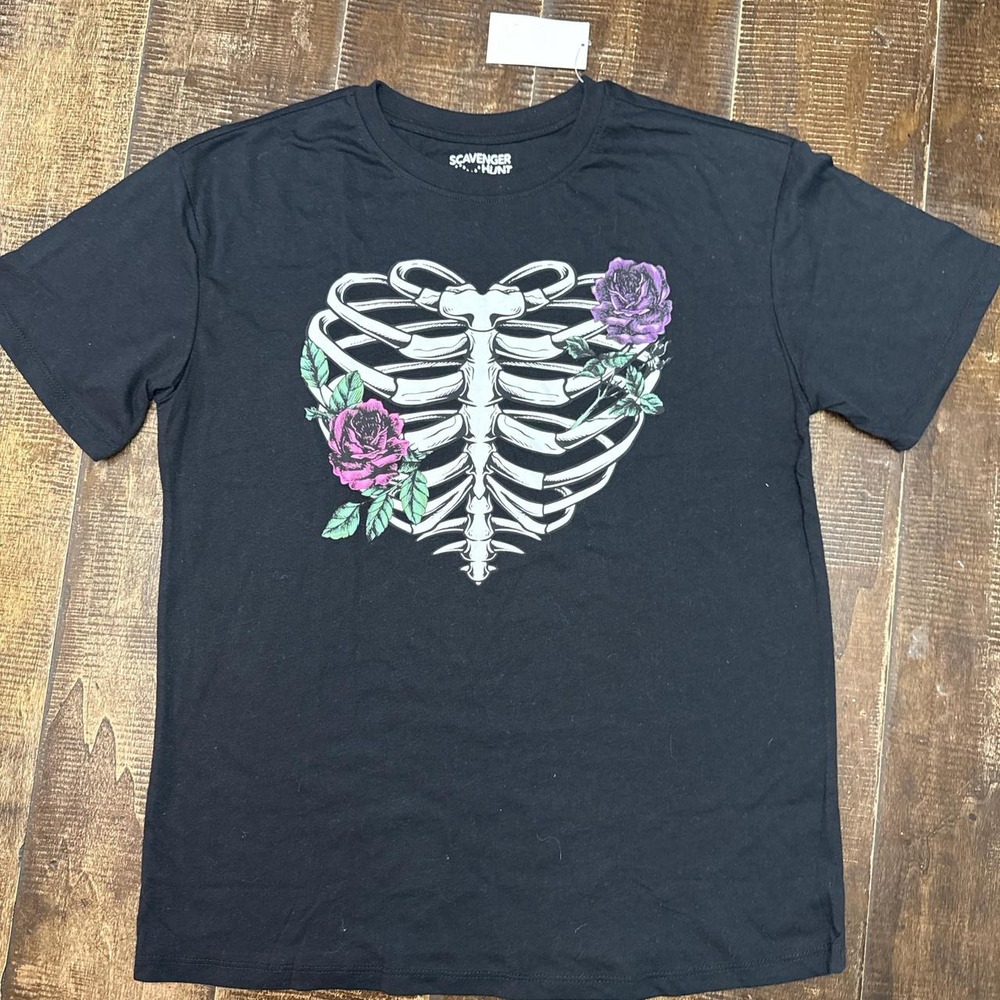 Scavenger Hunt Black Skeleton Ribcage with Roses Graphic Tee